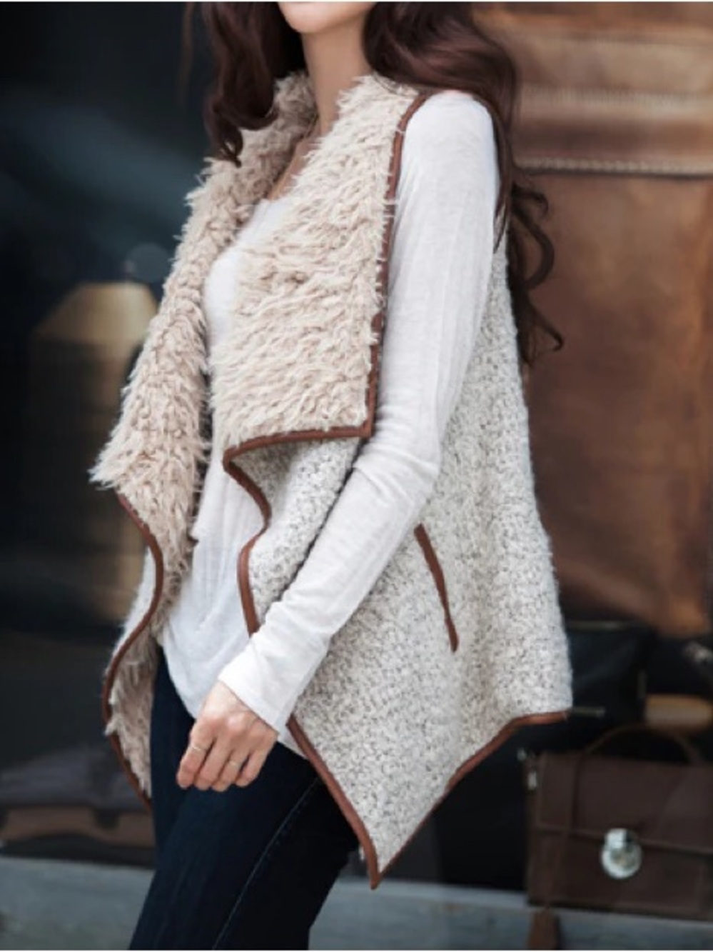 2/$25 Love Tree Cream Faux Shearling Vest with Brown Trim
